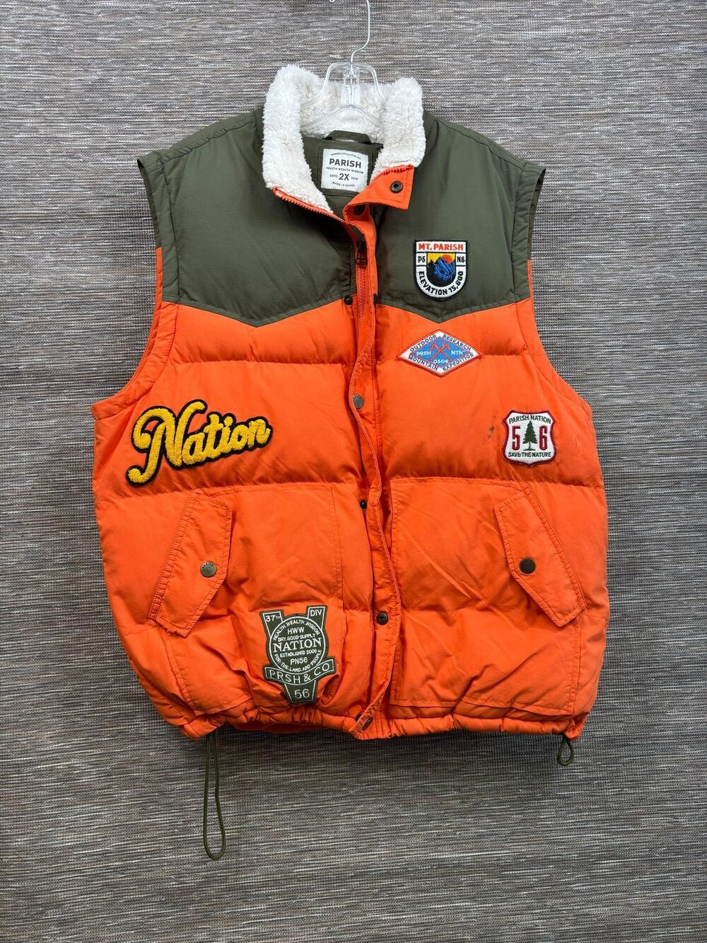 Parish Vest Mens 2XL Orange Green Puffer Sherpa Collar Embroidered Patches Logo